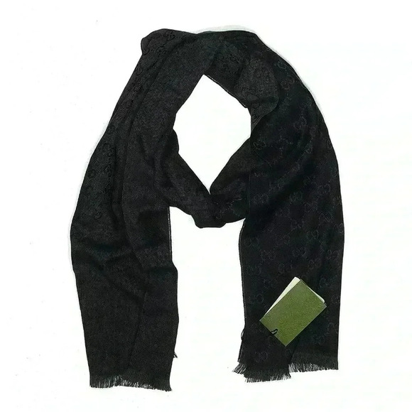 Gucci Wool Scarf Half GG Pattern Monogram Italy 40x180 Dark Green Navy Gray Long - Picture 2 of 13